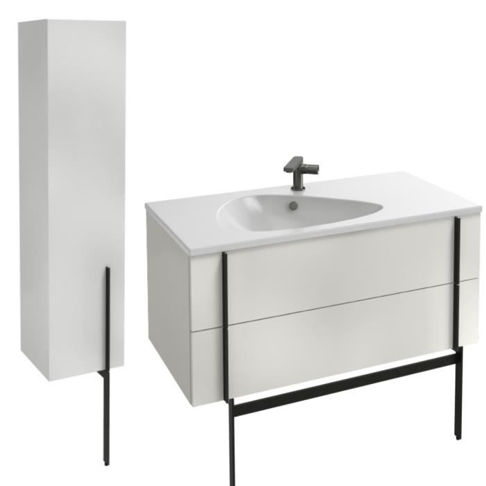 meuble lavabo simple vasque 100 cm jacob delafon nouvelle vague blanc brillant + colonne de salle de bain version gauche + pied