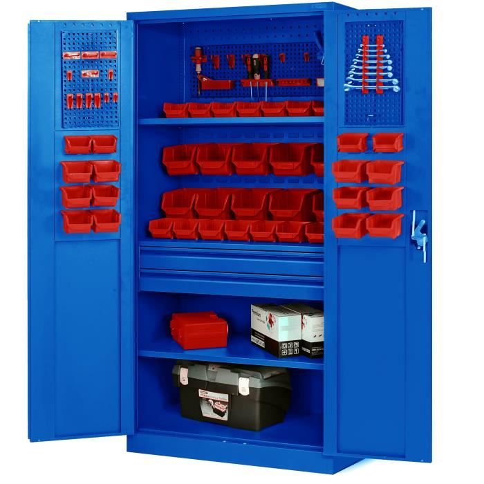 Armoire à Outils TC02AM Armoire Meuble d'atelier avec tiroirs Portes battantes 3 étagères 185 x 92 x 50 cm (Bleu)