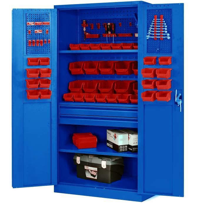 Armoire à Outils TC02AM Armoire Meuble datelier avec tiroirs Portes battantes 3 étagères 185 x 92 x 50 cm (Bleu)