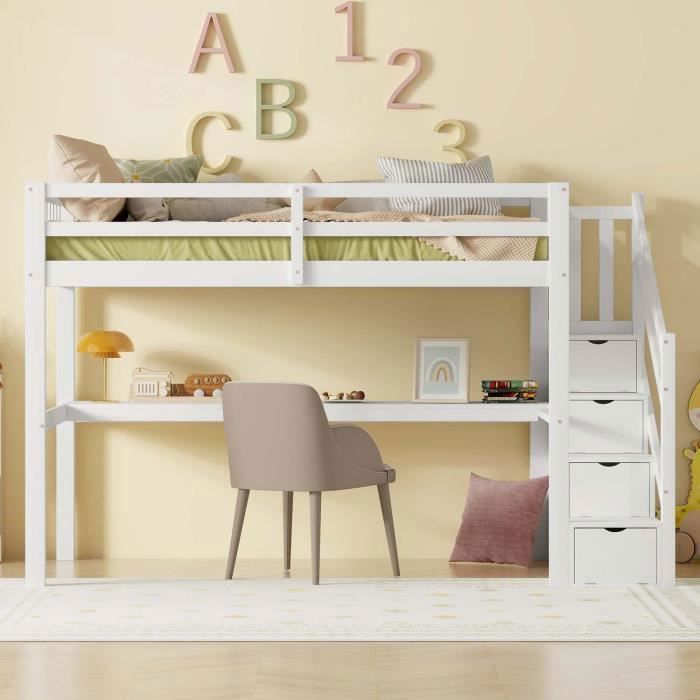 Lit Mezzanine Enfant 90x200 Cm – Avec Escalier Rangement & Barrière – Bois Blanc – Transformable En 2 Lits - 5