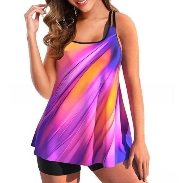 Maillot De Bain 2 Pièces Femme Tankini - Haut Débardeur Et Shorty Taille Haute - Imprimé, Effet Ventre Plat Et Push-up