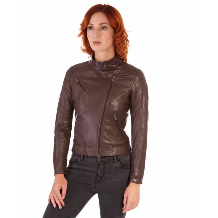 Blouson femme 100/% cuir boutons col Mao double revers style motard noir