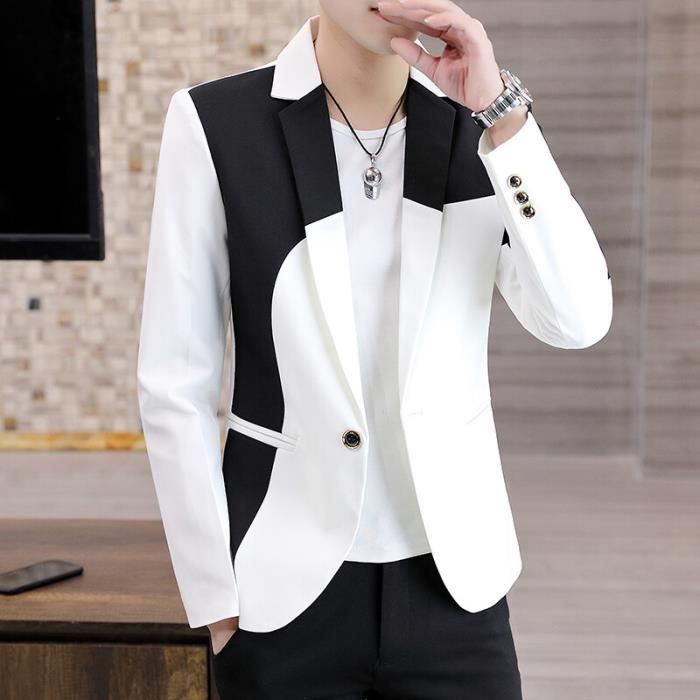 Veste de costume pour homme Blazer decontracte couleur couture coupe ajustee Business haute qualite manches longues Black E3993 Blanc Cdiscount Pret a Porter