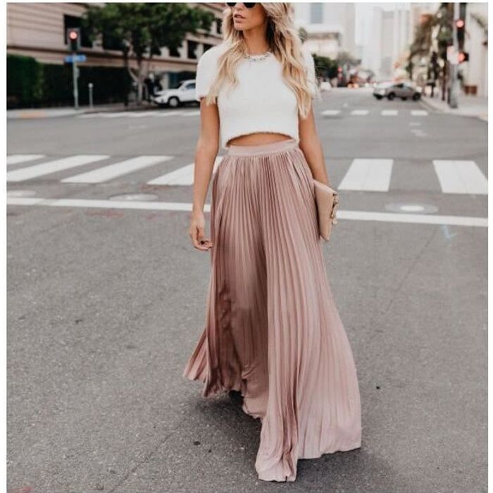 Jupe Longue Plissee Style Boho Elegante pour Femme Rose Blanc Cdiscount Pret a Porter