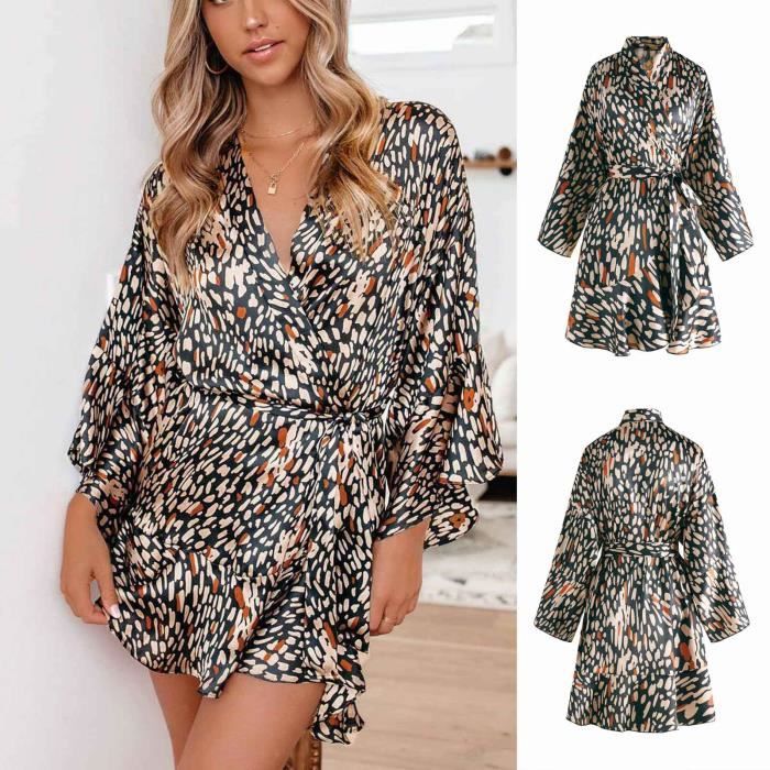 Robe De Kimono Pour Femme Chemise De Nuit Imprimee Leopard Chemise De Nuit Soyeuse En Satin Marron Achat Vente Pyjama Prolongation Soldes Cdiscount