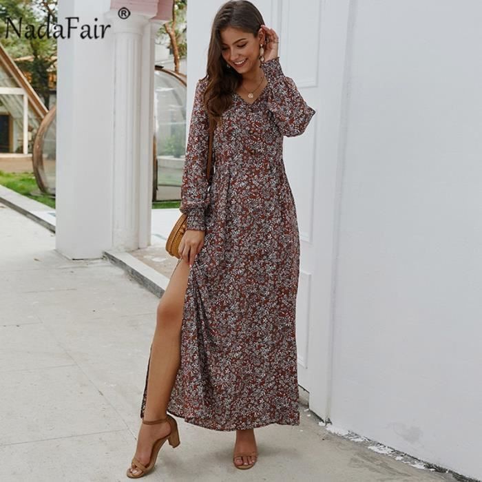 Robe Nadafair robe longue Vintage a manches lanternes style Boho col en V ligne a taille haute elegante Type Brick Red Blanc Cdiscount Pret a Porter