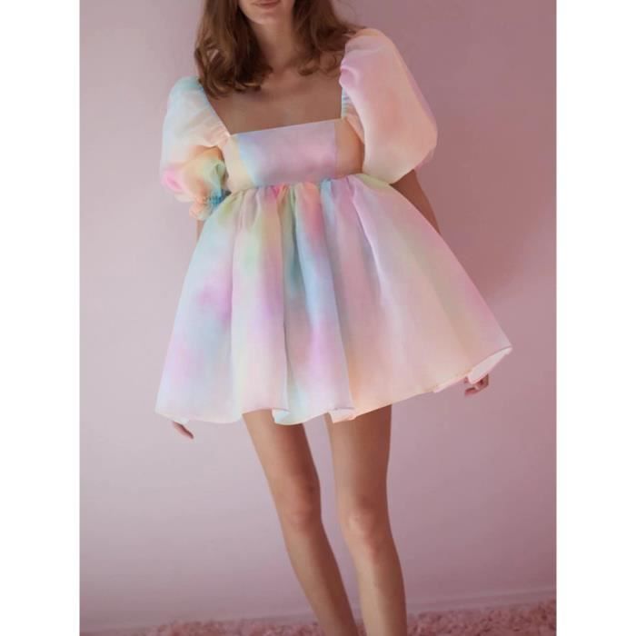 Robe D'été Fille Manches Bouffantes - Col Carré, Ligne A - Tissu Léger Type Mousseline - Pour Quotidien, école Ou Fête