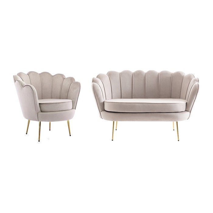 Canapé 2 places et fauteuil coquillage en velours taupe DANDELION