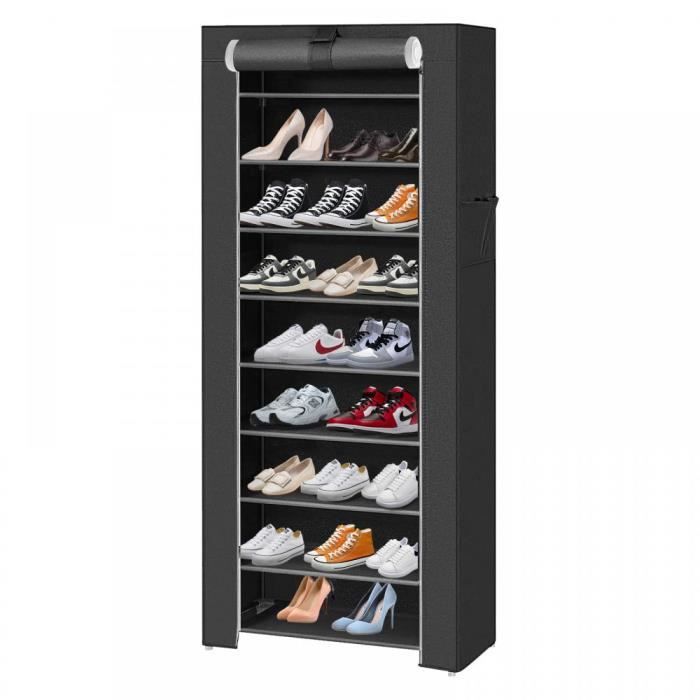 Meuble à chaussures - SUPFINE - 9 niveaux - noir - tube en acier inoxydable - toile