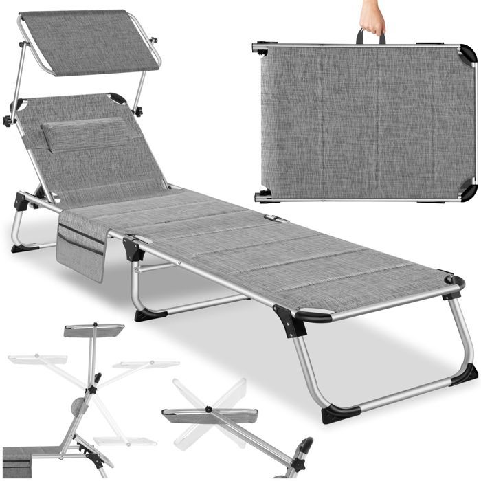 Bain de soleil - TECTAKE - Chaise longue transat LORELLA rembourré pliable dossier réglable 6 positions appui-tête - Gris tâcheté