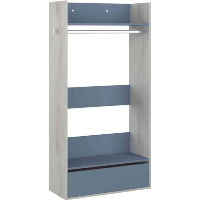 dressing enfant en bois grisé et bleu - terre de nuit - dr9020 - 2 étagères de rangement - 1 grand tiroir