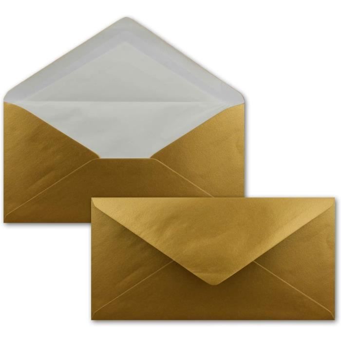 Lot 50 Enveloppes DIN Longues Or Brillant 11x22 Cm - 90g/m² Adhésives