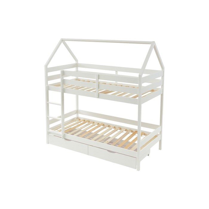 Lits superposés cabane 2 x 90 x 190 cm - 2 tiroirs - Pin - Blanc - CHORI