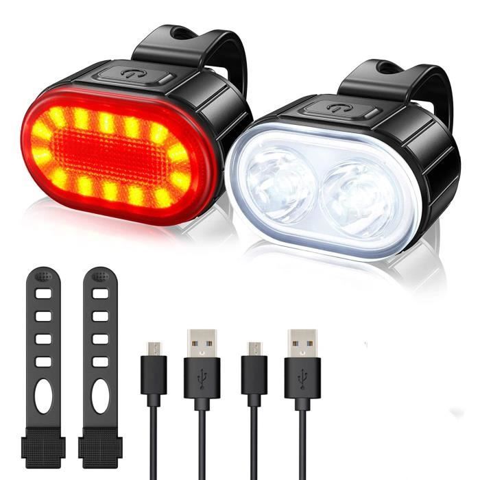 Lumiere Velo LED, Lampe Avant et feu Arriere Velo etanches Rechargeables USB, Lumiere Velo VTT, Velo de Route et trotinette