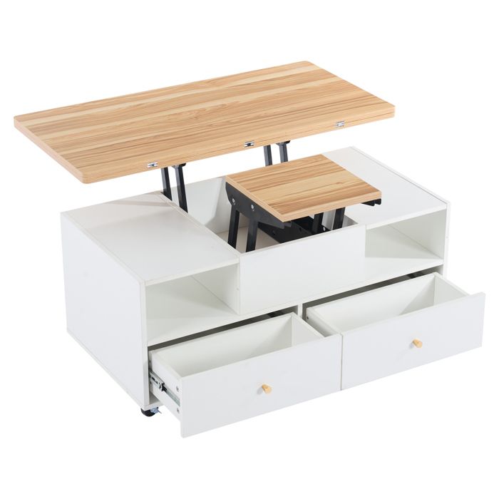 Table basse rectangulaire 100 x 50 x 40 cm, plateau en verre, 2 tiroirs et rangement ouvert, blanc | Leroy Merlin