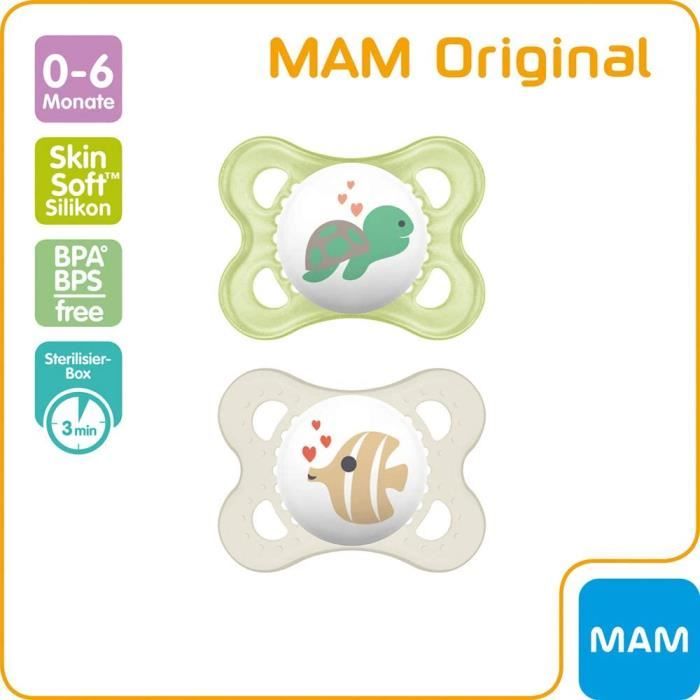 MAM Start Pure Lot de 2 tétines pour bébé de 0 à 2 mois en matériau durable  et biorenouvelable, tétine en silicone SkinSoft, avec étui pour tétine MAM,  crème/vert : : Bébé