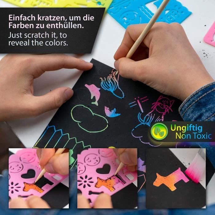 Kit Dessin à Gratter Pour Enfants - 8 Cartes Dinosaures, 1 Stylet En Bois, Activité Créative Sans Peinture