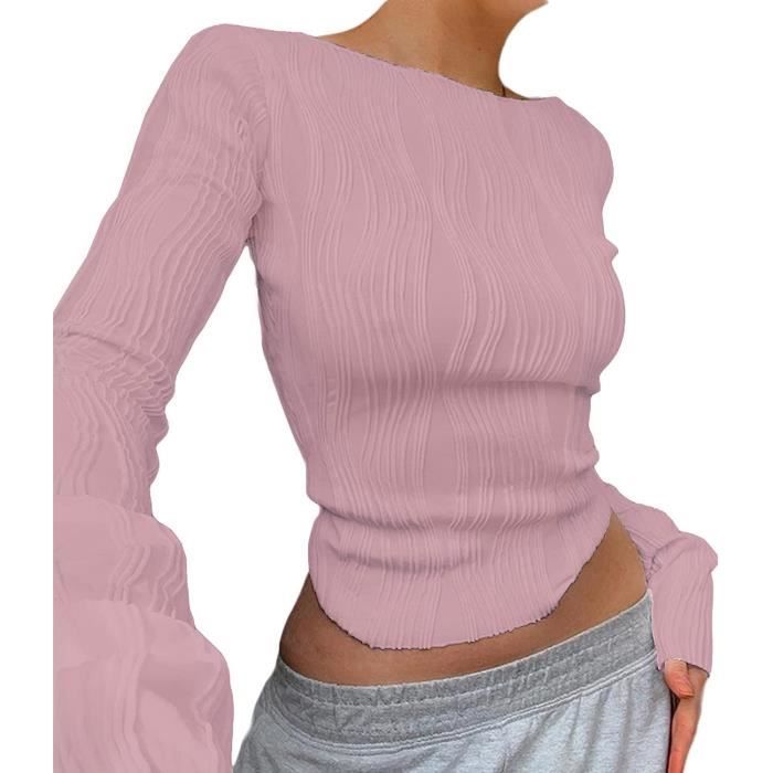 T shirt coupe courte femme crop top coupe t shirt transparent slim fit sexy couleur unie rose rouge