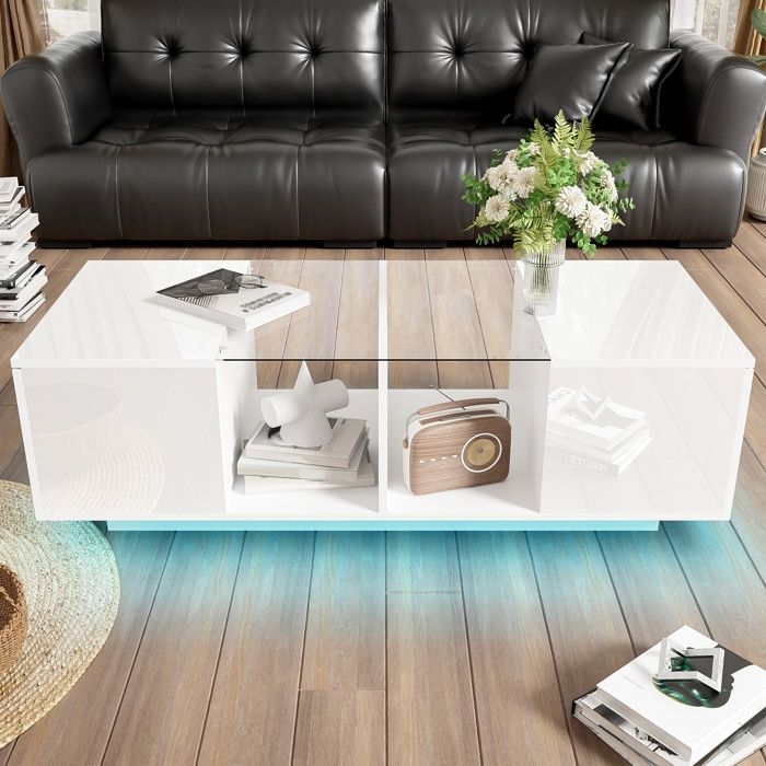 YESGIGA Table Basse Brillante Avec 4 Tiroirs, Table De Canapé, Table De Salon, Table Centrale Moderne Avec 16 Lumières LED De Couleurs (blanc D