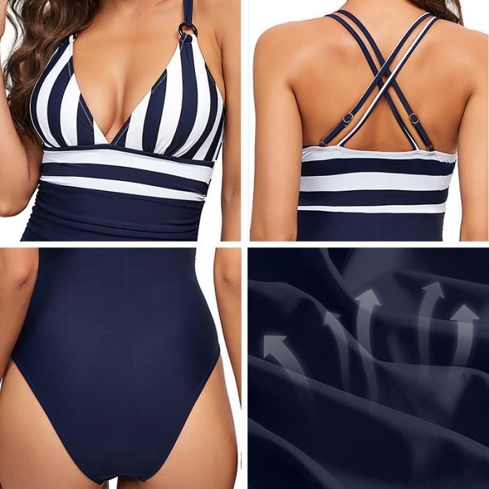 Maillot De Bain 1 Pièce Femme - Col V Plongeant & Dos Nu - Tissu Extensible Amincissant - Pour Plage, Piscine