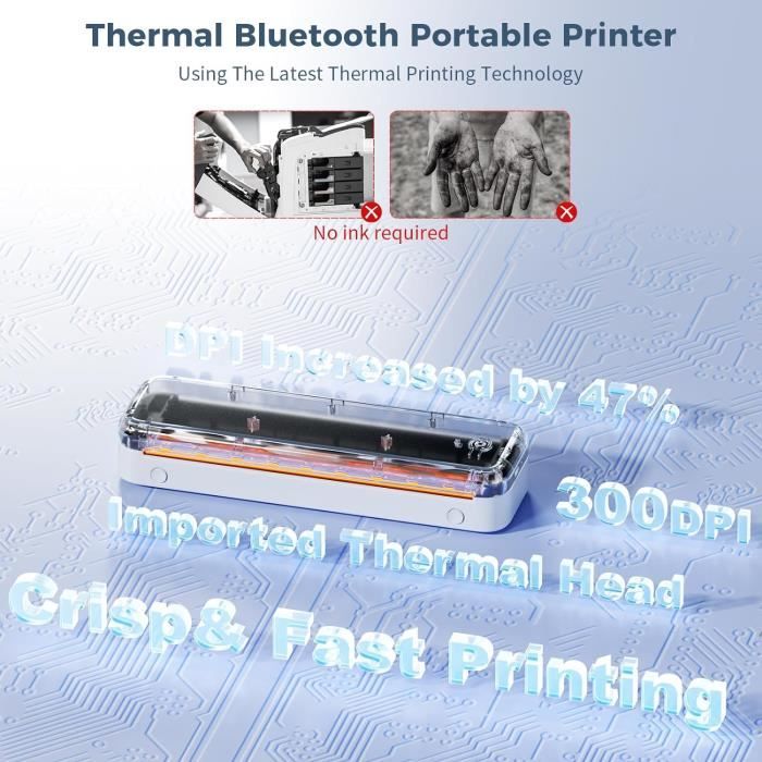 ASprink Imprimante Thermique A4, 300DPI Imprimante Portable Sans Encre Compatible Avec Android Et IOS Pour Les Voyages à Domicile Pour A4 /110mm /80mm /53mm, Blanc