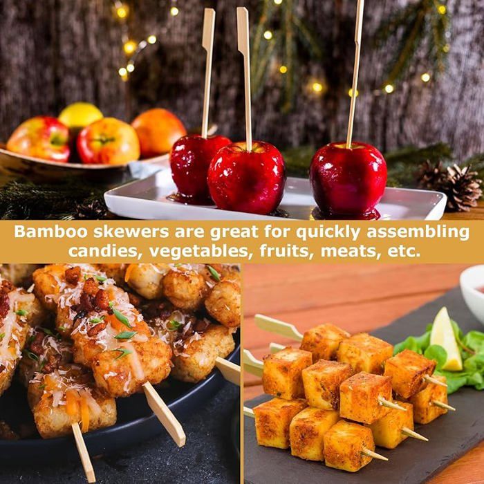 200 Piques Brochettes Bois Bambou - 100x9cm + 100x12cm Pour Apéritifs Cocktails Grillades