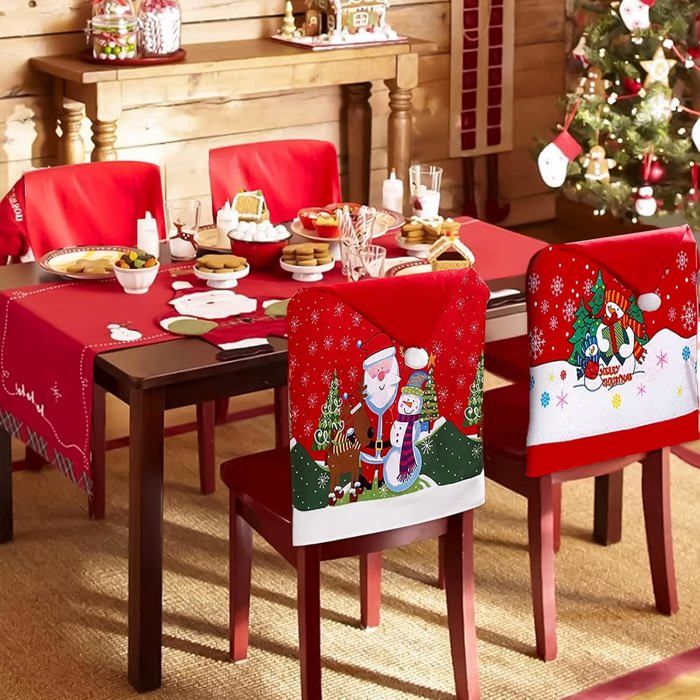 Lot De 6 Housses De Chaise Noël - Père Noël & Bonhomme De Neige - 60x50cm - Polyester Antidérapant - Décoration De Table - 6