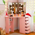 HOMDOX Coiffeuse avec miroir et LED, 112x50x143cm Coiffeuse meuble Table de maquillage à 5 tiroirs et étagère pour femmes et filles-Rose