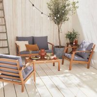 Salon de jardin en bois 4 places - Ushuaïa - Coussins Gris. canapé. fauteuils et table basse en acacia. design
