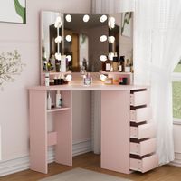 Coiffeuse avec miroir et LED, 112x50x143cm Coiffeuse meuble Table de maquillage à 5 tiroirs et étagère pour femmes et filles-Rose