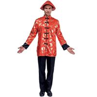 Costume Chinois Homme Rouge et Doré Or - Ptit Clown - Taille S-M - Veste et Chapeau Inclus