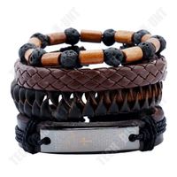 TD® Ensemble de 4 pièces bracelet en cuir pour homme Pierre volcanique Perles en bois Bracelet tissé en cuir tressé rétro cadeau