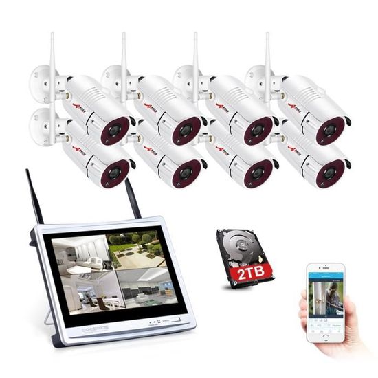 Kit caméra de surveillance sans fil extérieur 8CH NVR Moniteur d'écran