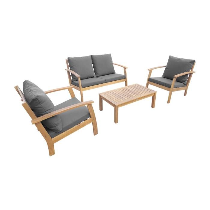 Salon de jardin en bois 4 places - Ushuaïa - Coussins Gris, canapé, fauteuils et table basse en acacia, design