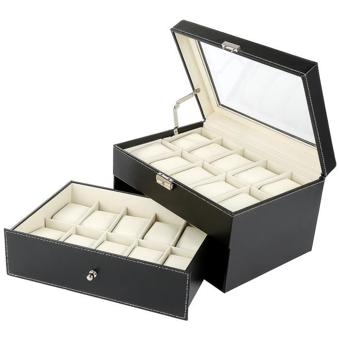 Coffret à Montre Boîte en Cuir avec Serrure, Présentoir Double Couche pour Rangement 20 Montres Cadeau pour Homme