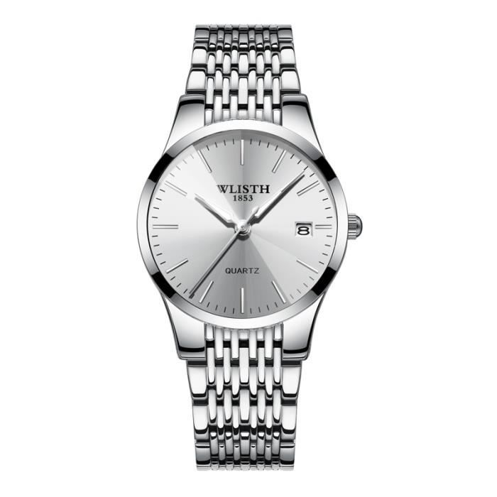 DAMILY® Montres Femmes Quartz diamètre 27 mm nuit Lumière Pointeur Étanche Bande d'acier argenté