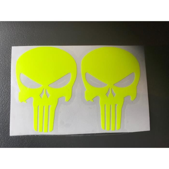 STICKER AUTOCOLLANT PUNISHER FLUORESCENT FLUO SKULL TETE DE MORT CASQUE MOTO jaune