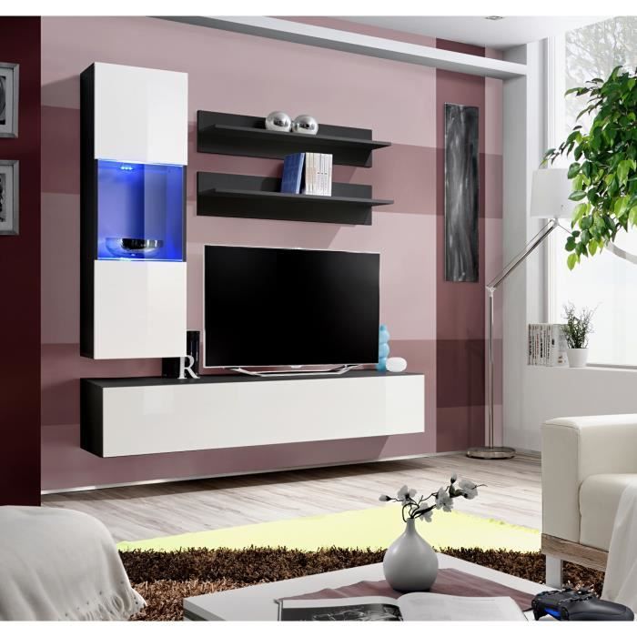 PRICE FACTORY - Meuble TV FLY H3 design, coloris noir et blanc brillant. Meuble suspendu moderne et tendance pour votre salon.