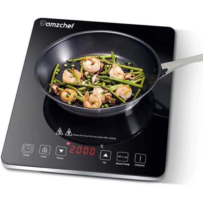 Plaque à induction, Amzchef plaque de cuisson à induction avec surface en verre cristal poli noir, design portable ultra-fin, comman