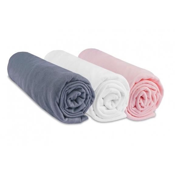 Lot de 3 draps housse coton 40x80/90 gris blanc rose