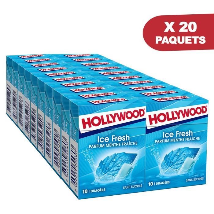 HOLLYWOOD Chewing Gum Ice Fresh - Parfum Menthe Fraîche - Sans Sucre avec édulcorants - Lot de 20 paquets de 10 dragées x 14 g