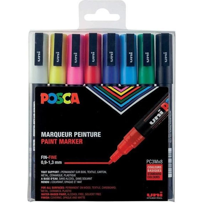 POSCA - Uni Mitsubishi Pencil - 8 Marqueurs PC3M - Pointe Conique - Pointe Fine - Marqueurs Peinture à Base d'eau - Tout Support