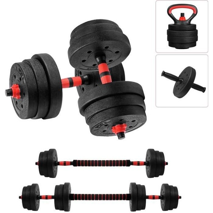 SINBIDE® Kit Haltère Musculation avec barre - Kettlebell - Abdos roue - 4 en 1 Multifonction - 20kg poids réglable