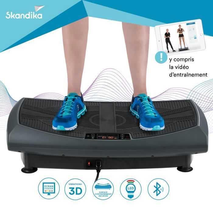 Skandika Vibration Plate V2000 - Plateforme vibrante 3D - Design incurvé - Smart LED - 2 Moteurs - Sangles et video d'entraînement