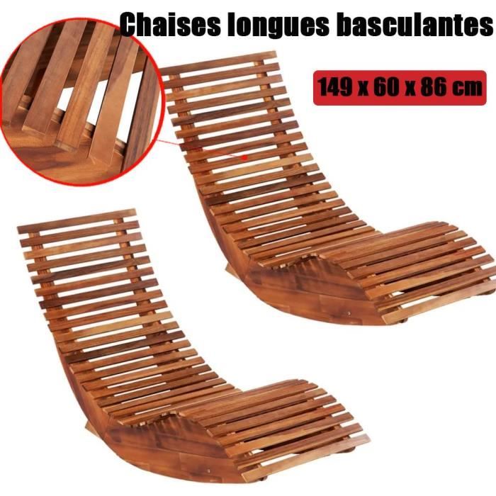 Chaise longue à bascule en bois transat ergonomique de jardin bain de soleil bois d'acacia HB007