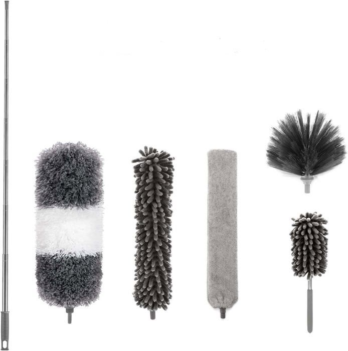 6 Pièces Plumeau Télescopique - Tête De Loup Jusqu'à 256 Cm, Microfibre Lavable Pour Plafond, Ventilateur Et Toile D'Araignée (Gris)