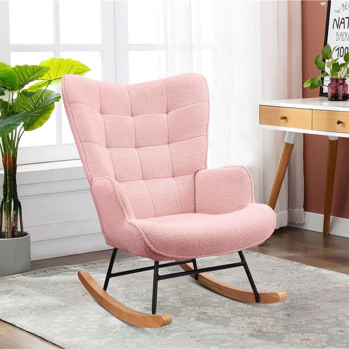 Fauteuil à Bascule - Fauteuil à Oreilles Rembourré - Pieds en Métal et en Bois Massif - Velours Teddy - rose