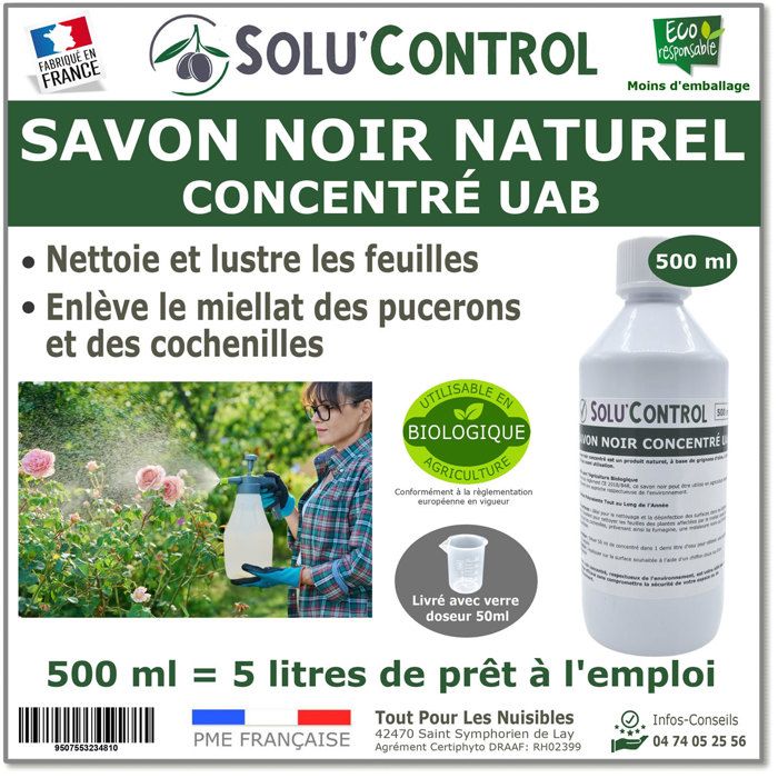 Savon Noir Naturel Concentré UAB SoluControl 500 ml Nettoyant Feuilles et Enlève Miellat - pucerons - cochenilles