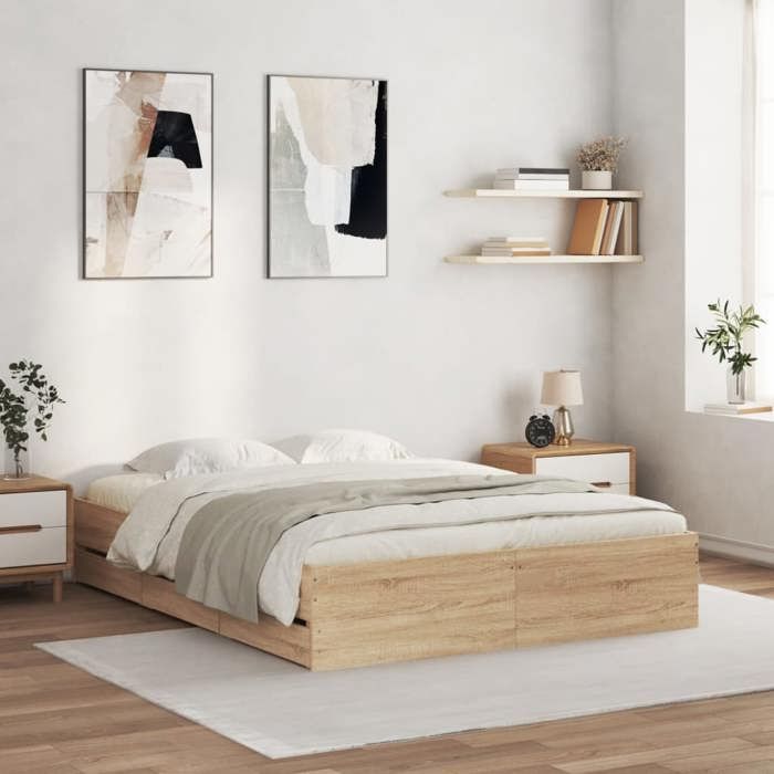vidaXL Cadre de lit avec tiroirs sans matelas chêne sonoma 150x200 cm 3207268