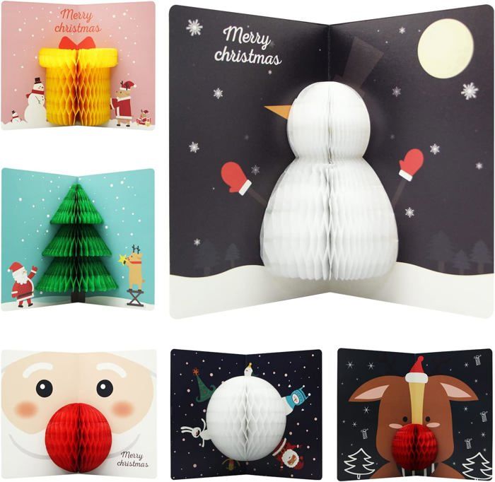 Lot 6 Cartes De Vœux Noël 3D Pop-Up Avec Enveloppes - Père Noël & Renne